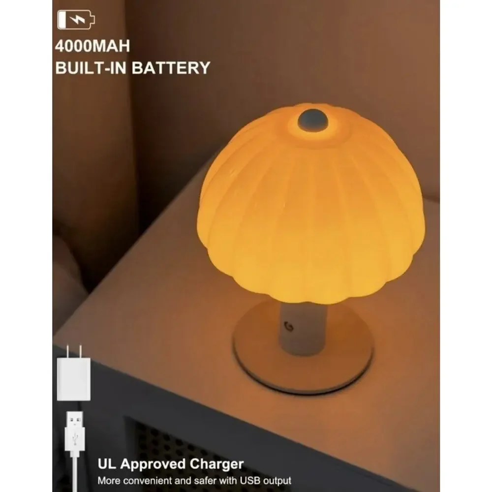 Cordless Mushroom Glass Table Lamp Orange Touch 3-Color LED Rechargeable 7.8”